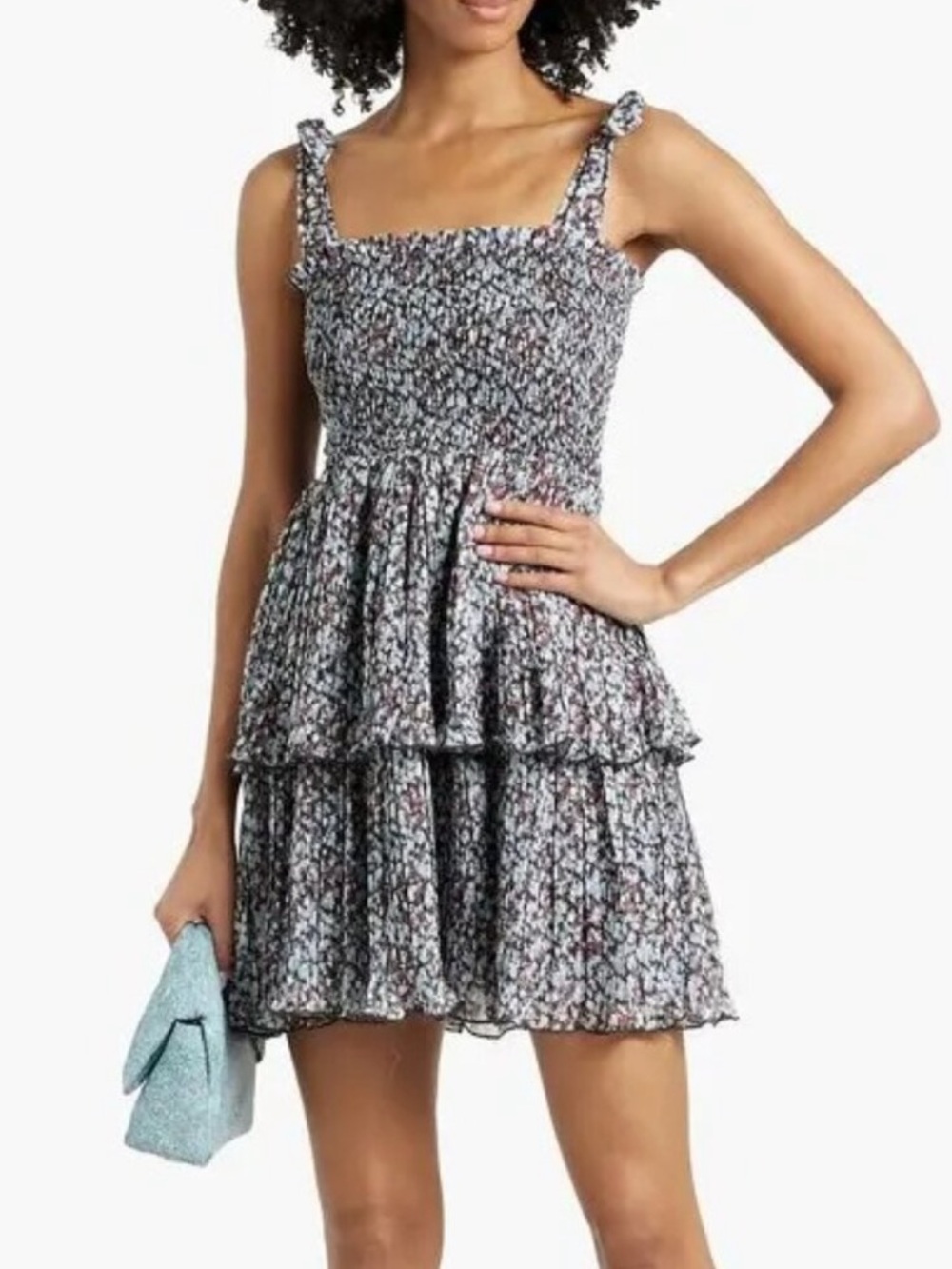 GANNI Printed Pleated Georgette Tie-Shoulder Smock Mini Dress Phantom Floral 38